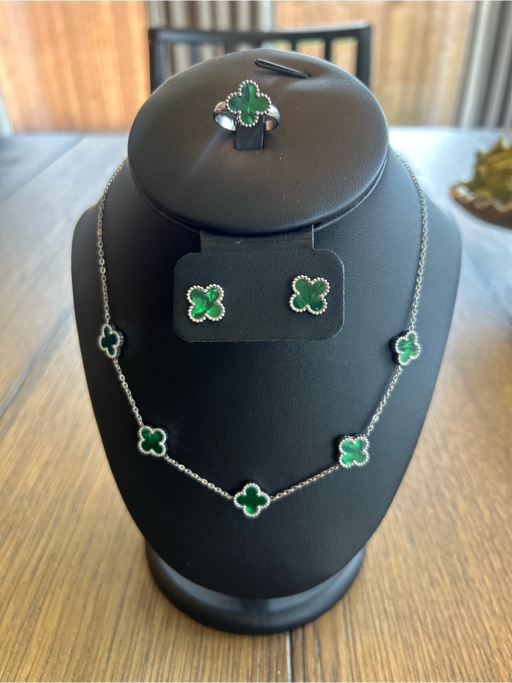 Silver Tone Green Clover Motif Necklace, Earrings & Ring Set - Women's Jewelry